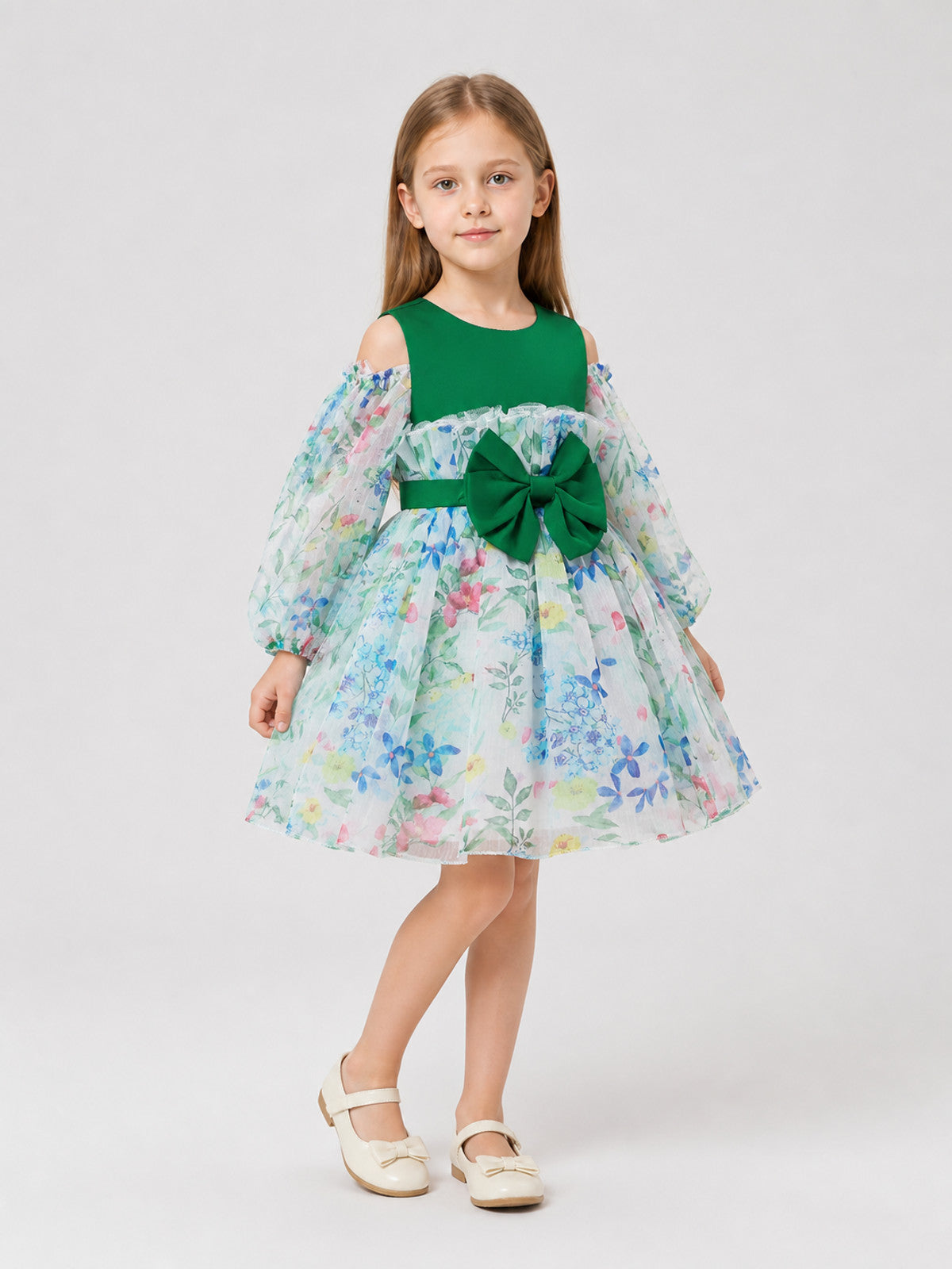 Dressy Girls’ Dress with Floral Print and Full Skirt