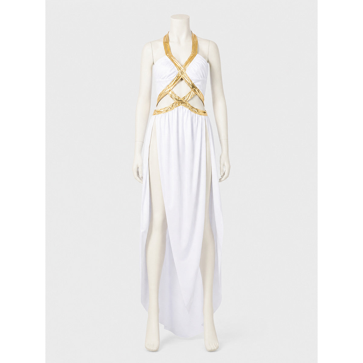 Long White-and-Gold Cosplay Dress with a High Slit