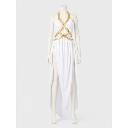 Long White-and-Gold Cosplay Dress with a High Slit