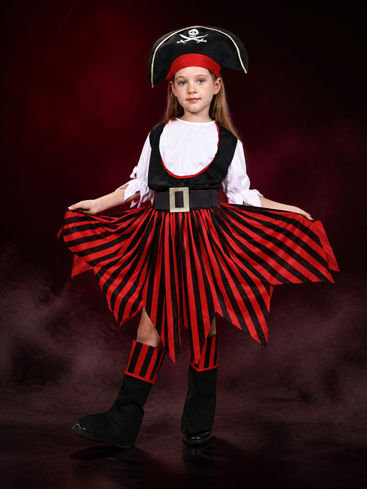 Women's Pirate Costume Set with Skull Print Dress, Tricorn Hat & Boots