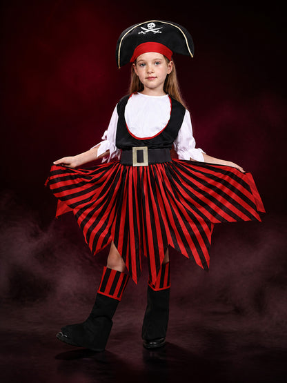 Women's Pirate Costume Set with Skull Print Dress, Tricorn Hat & Boots