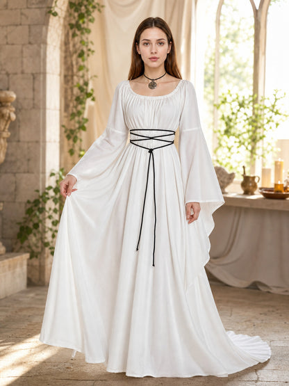 Long White Dress with Flared Sleeves and Lace-Up Detail lifestyle view