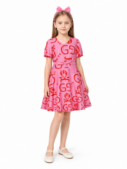 Children's Pink Dress with Red Print and Headband Costume Dresses detail