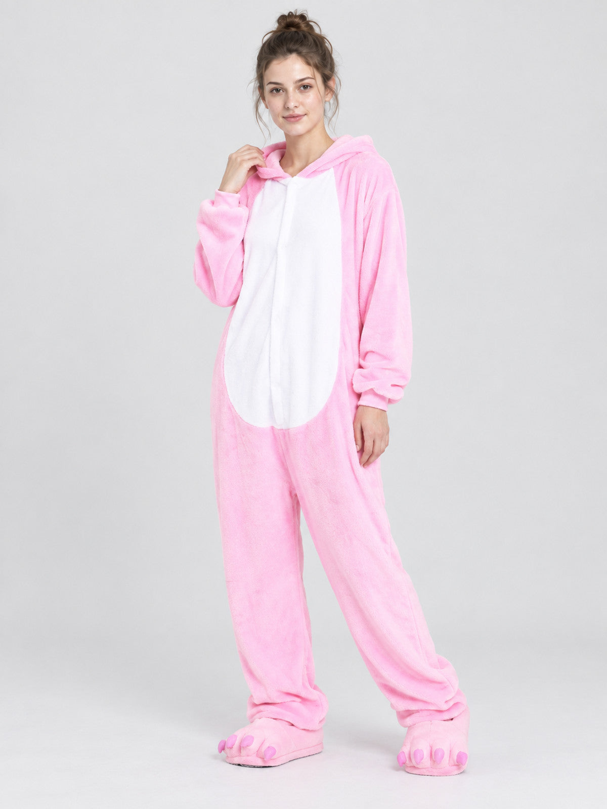 Pink hooded pajama jumpsuit with a face