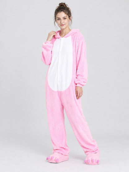 Pink hooded pajama jumpsuit with a face