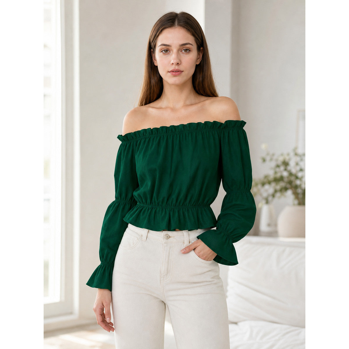 Off-the-Shoulder Blouse with Puff Sleeves