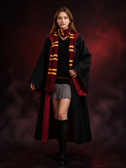 Halloween Wizard Robe Costume Set with Red and Gold Striped Scarf, Black Cloak