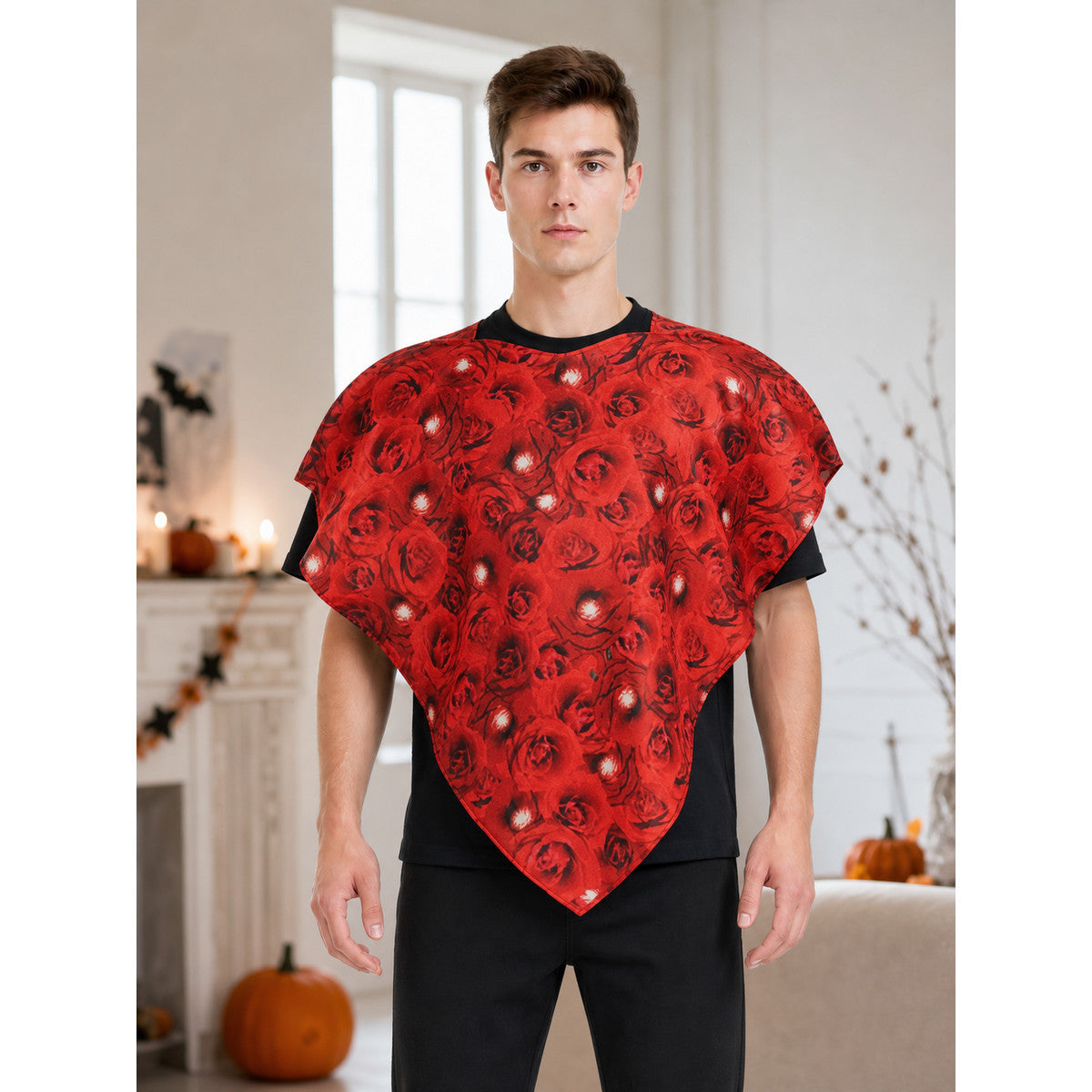 Red Poncho Cape with Pink Floral Pattern lifestyle view