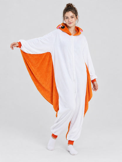 Hooded Pajama Jumpsuit with Animal Face, White and Orange