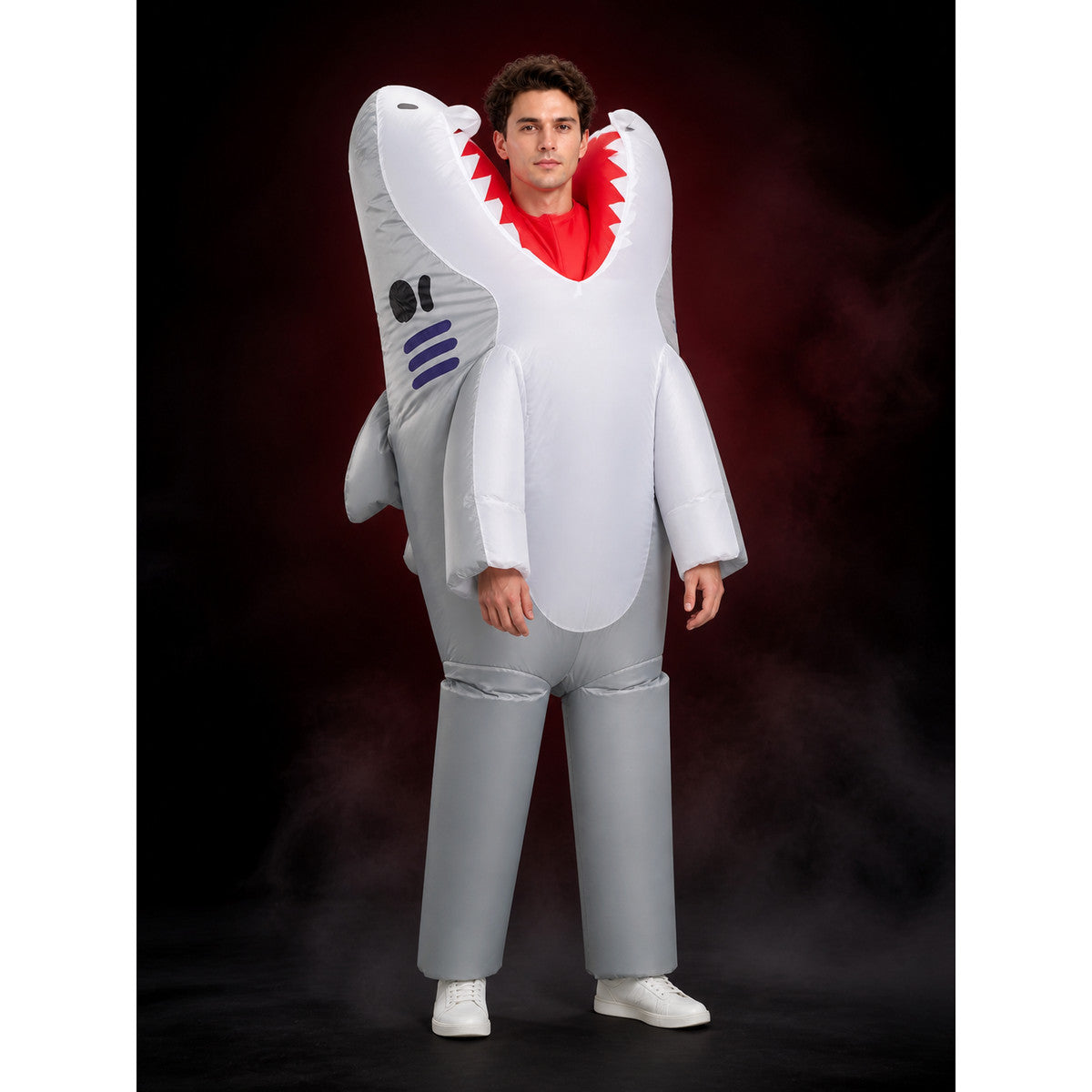Adult Shark Costume Jumpsuit with Striped Fins and Teeth, Halloween Party Outfit main product view
