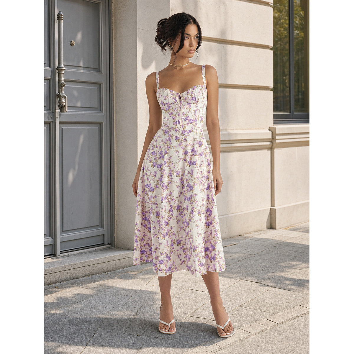 Women's midi dress with floral print and lace-up detailing