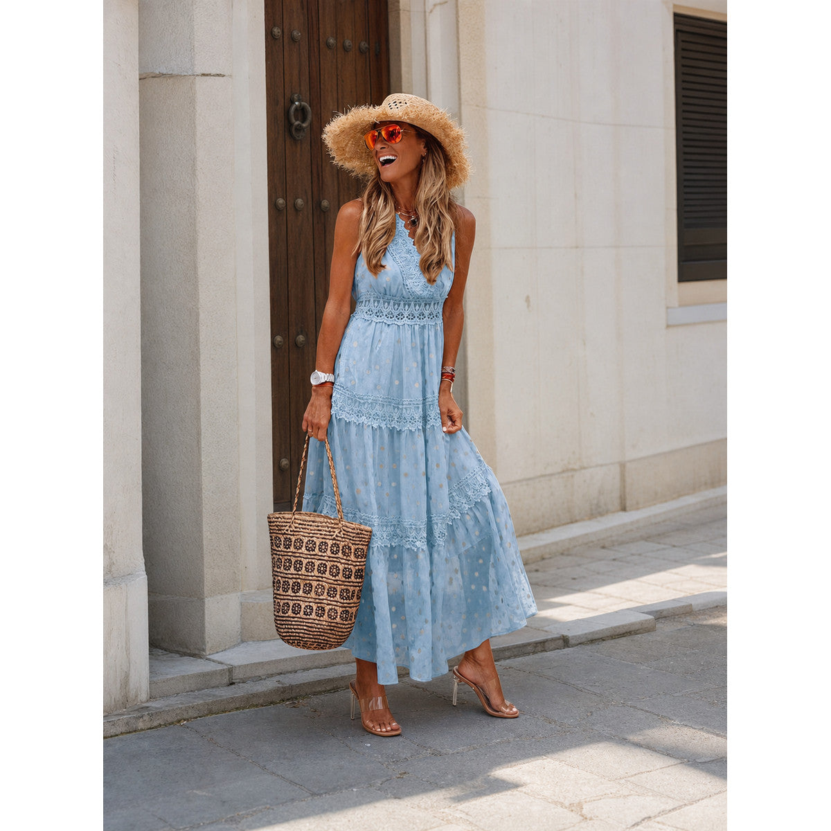 Women’s Light Blue Sleeveless Dress with Lace