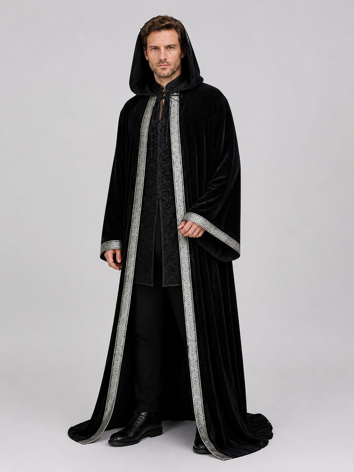Gothic Black Hooded Cloak Cape with Ornament