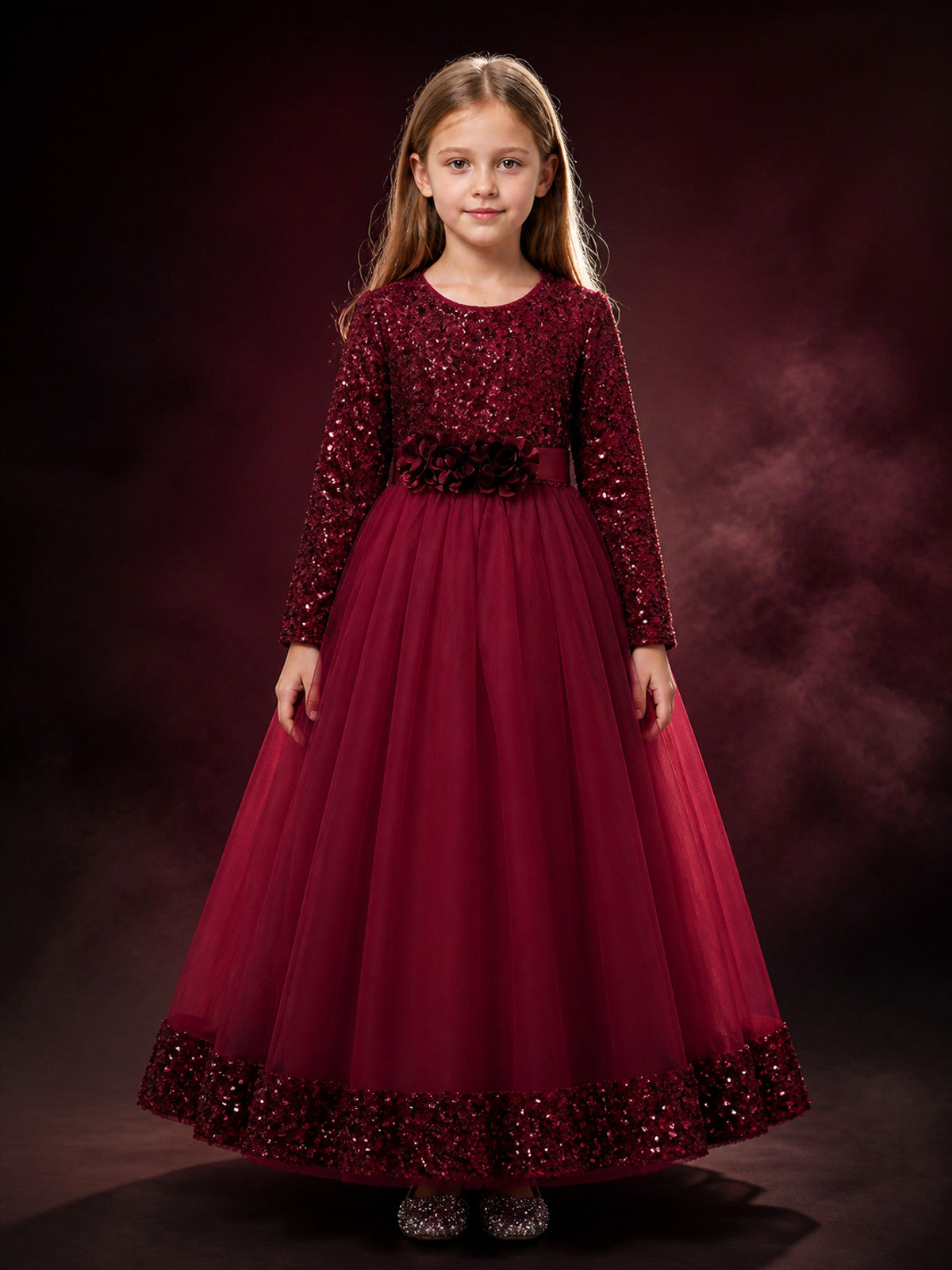 Girls' Maroon Sequined Princess Dress, Long Sleeve Floral Gown Halloween Costume main product view