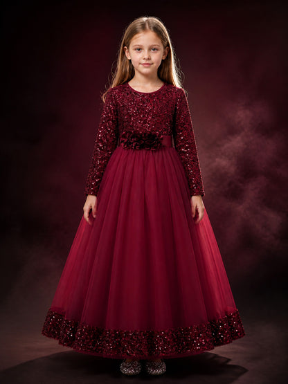 Girls' Maroon Sequined Princess Dress, Long Sleeve Floral Gown Halloween Costume main product view