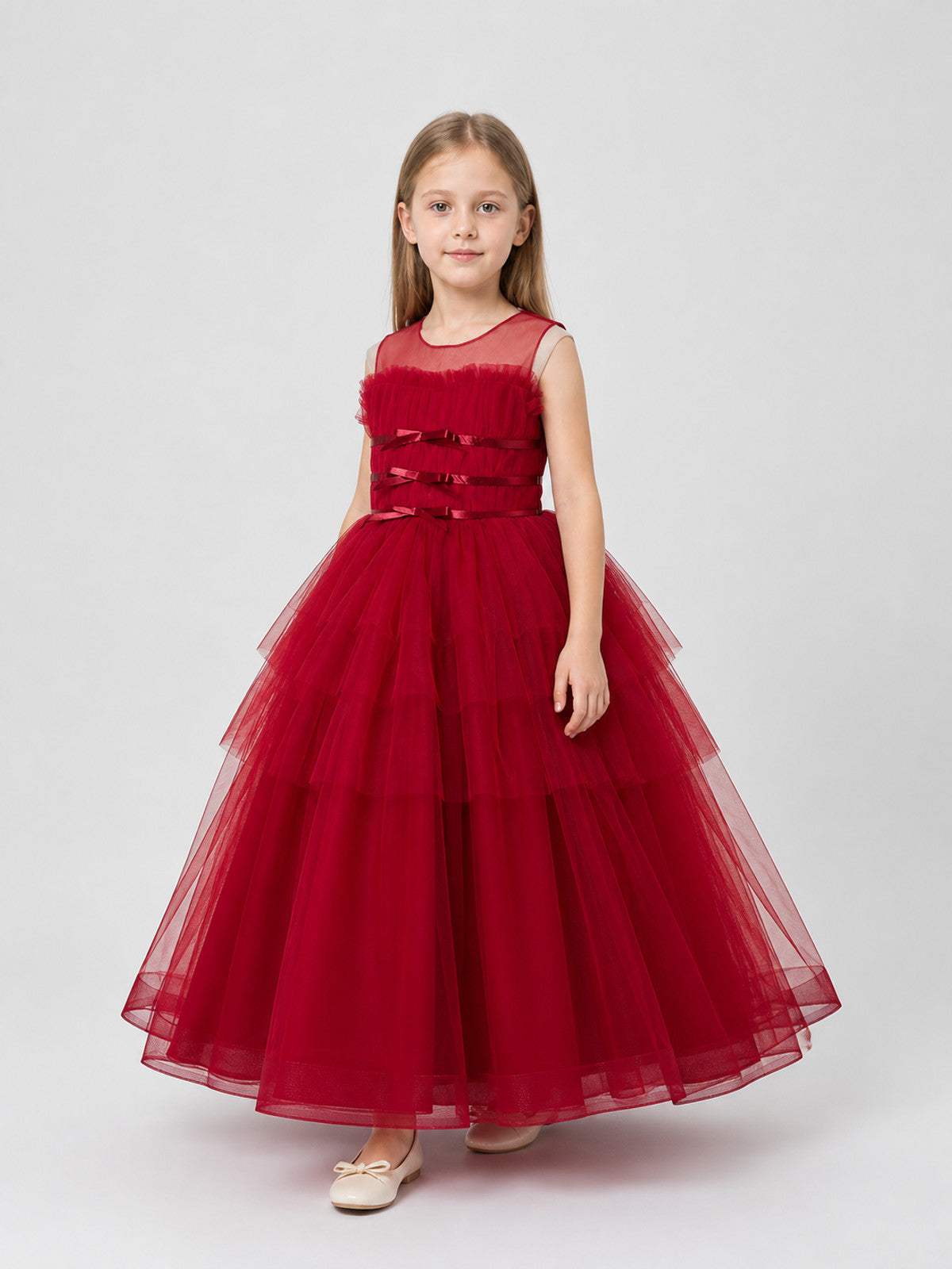 Elegant Long Burgundy Dress with a Full Tulle Skirt Costume Dresses detail