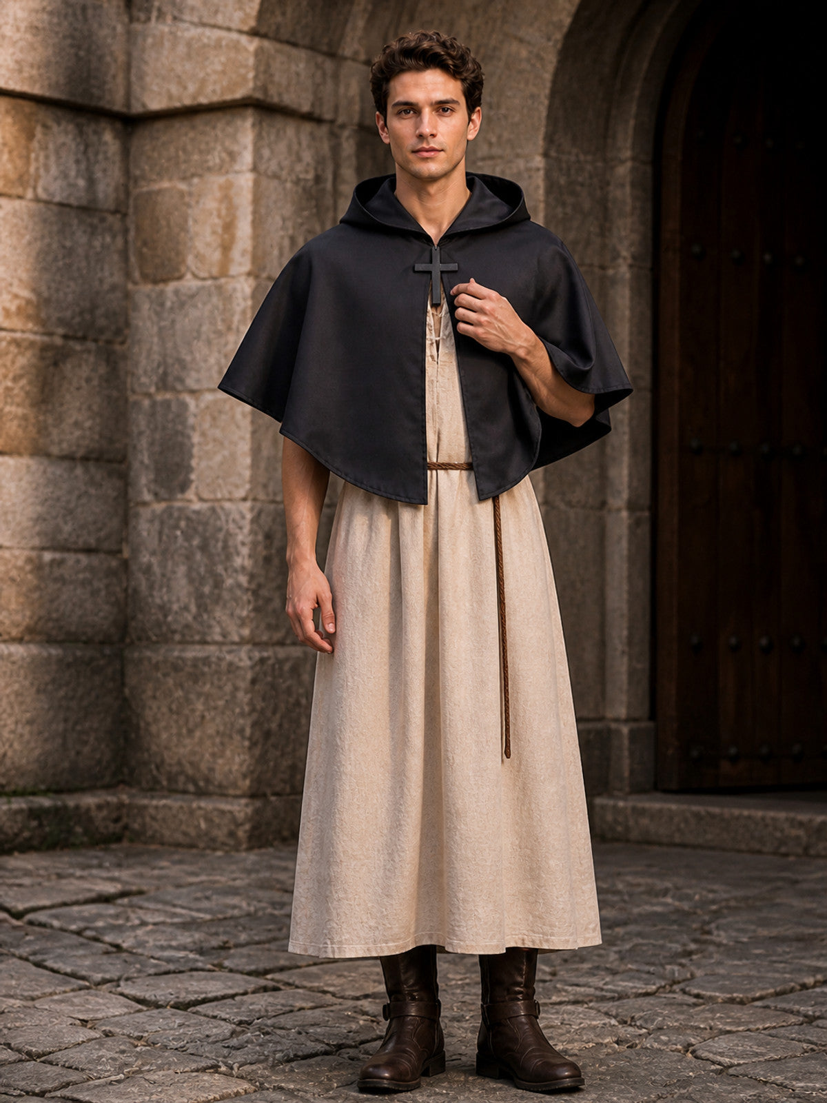 Medieval Gothic Short Hooded Cloak for Adults, Black Cape with Pointed Hood and