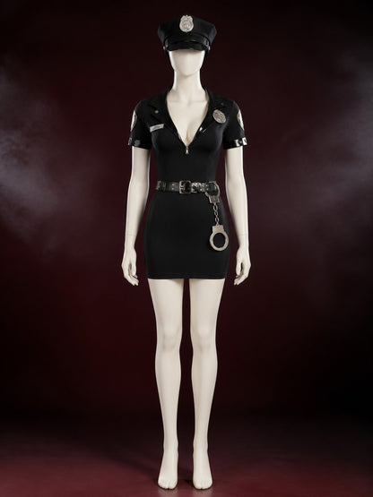Women's Black Police Costume Set, Short Dress With Hat, Belt And Handcuffs main product view