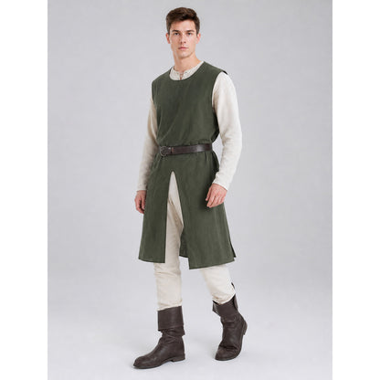 Three-quarter view of a green sleeveless tunic with a brown belt, white shirt, trousers, and tall brown boots