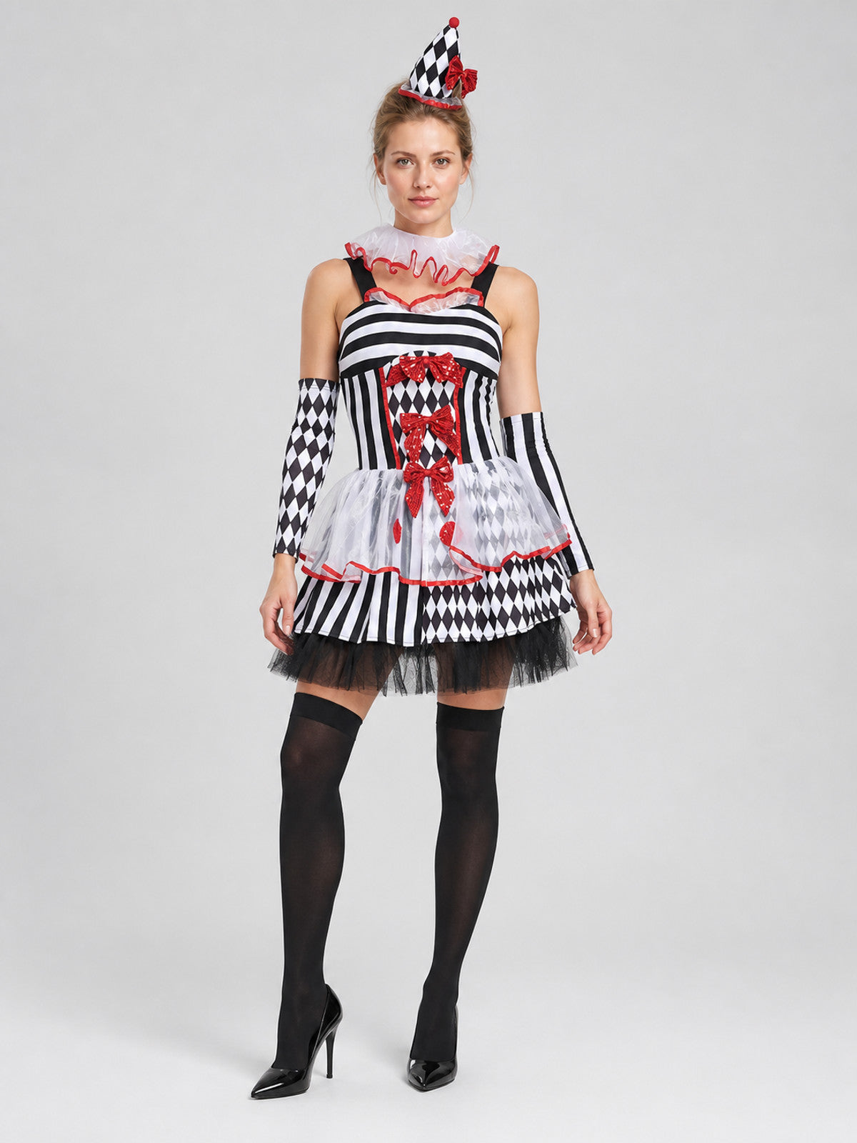 Circus-Style Clown Costume with Bows for Halloween