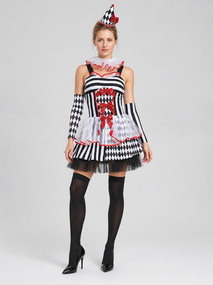 Circus-Style Clown Costume with Bows for Halloween