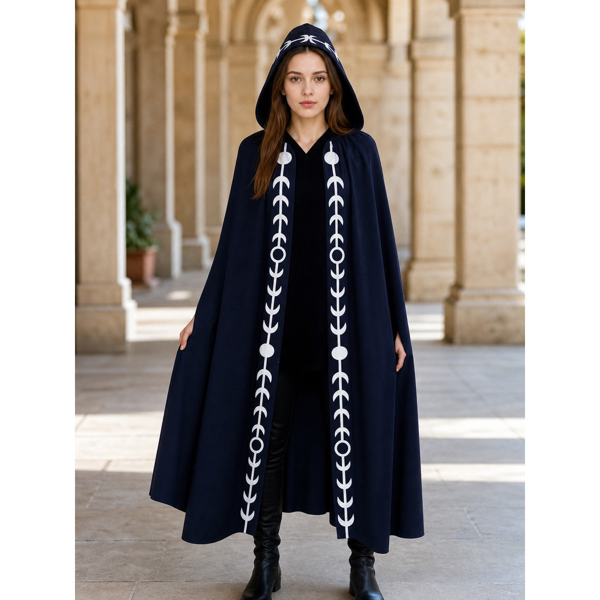Navy Blue Hooded Cape with White Pattern