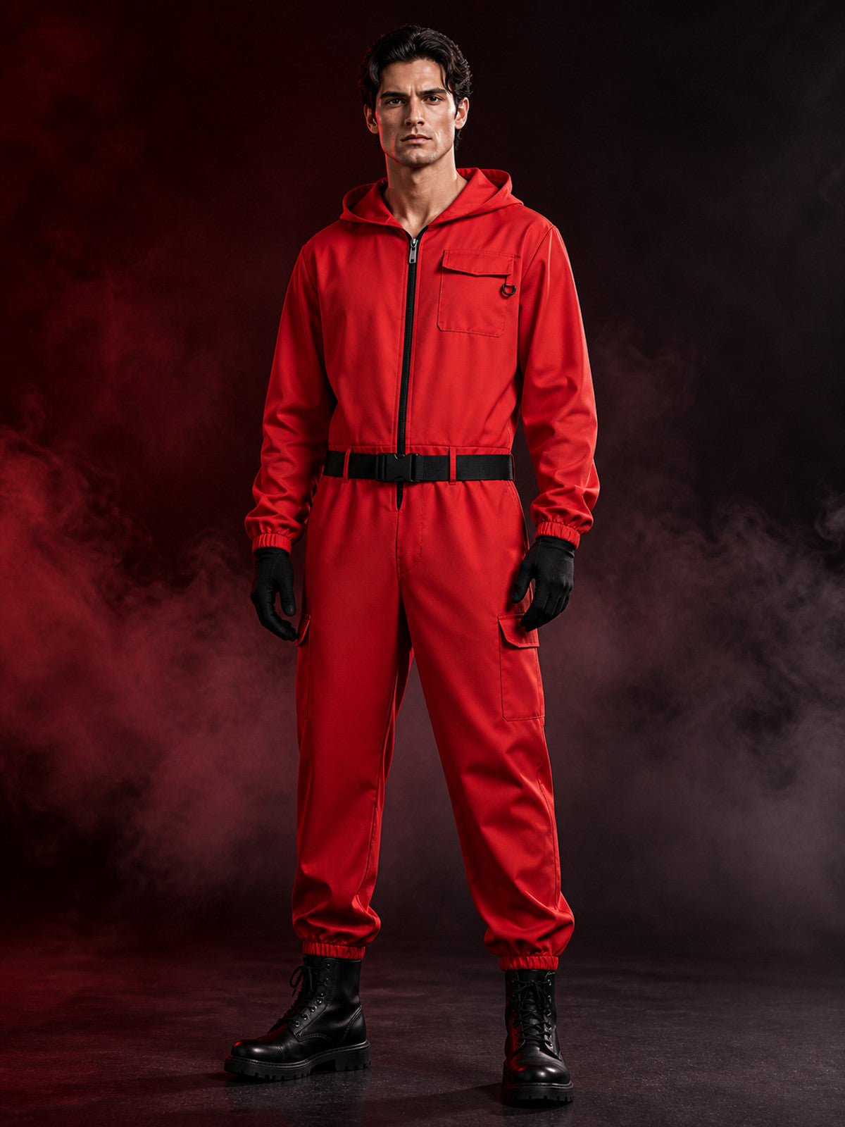 Red Hooded Prison Jumpsuit Costume Set with Belt and Gloves, Cosplay Halloween