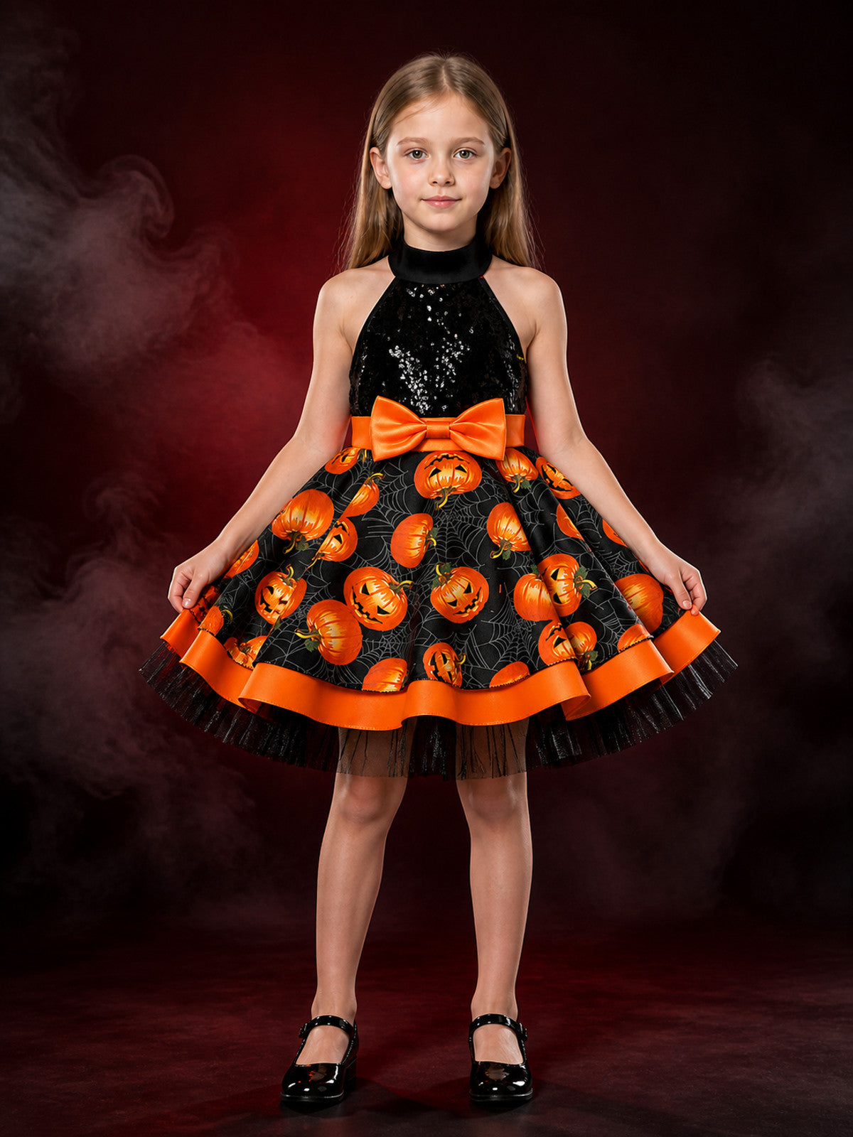Girls' Halloween Pumpkin Spider Web Princess Dress, Black and Orange Tutu main product view