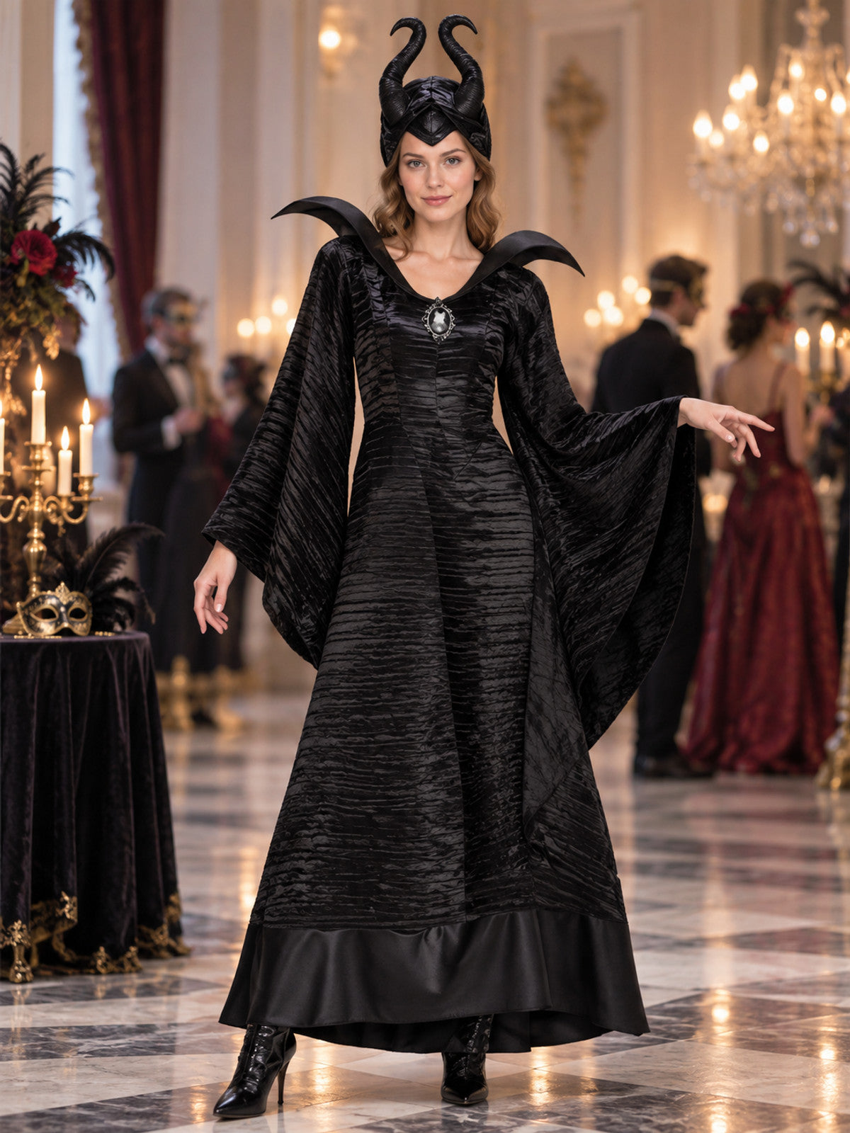 Black Witch Halloween Costume with Horns and Brooch