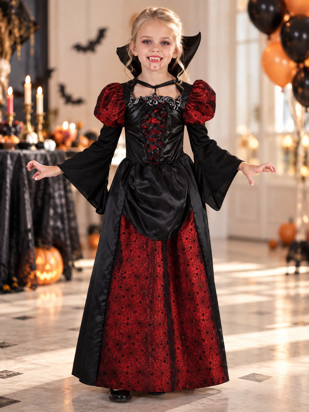 Black and Red Vampire Costume with Spiderweb and Lacing