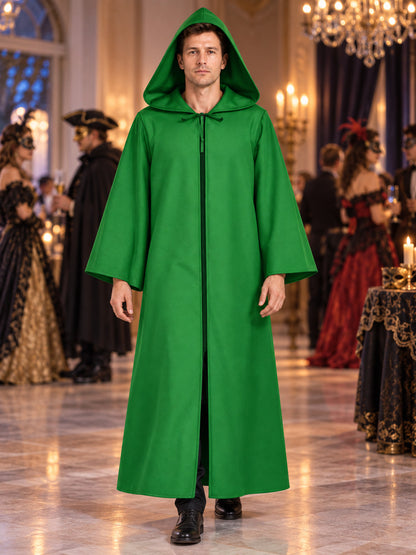Long Hooded Cloak-Poncho, Green, with Zipper