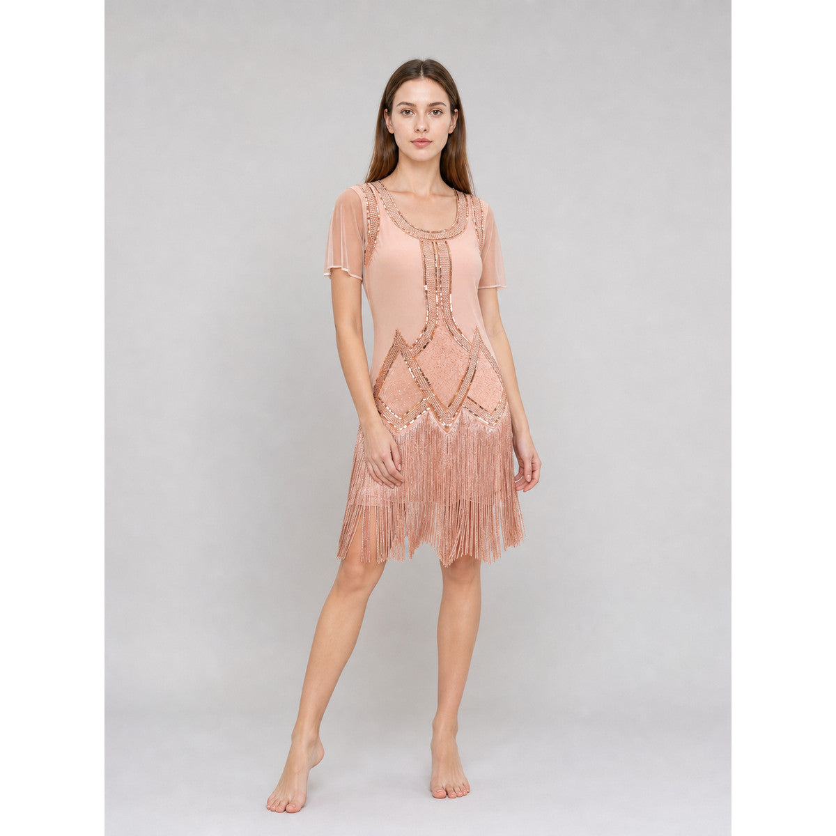 Gatsby-Style Evening Dress with Fringe and Sequins