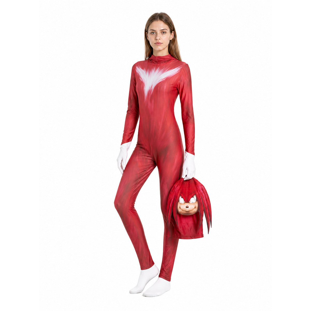 Knuckles Carnival Costume Jumpsuit with Mask on-model front view