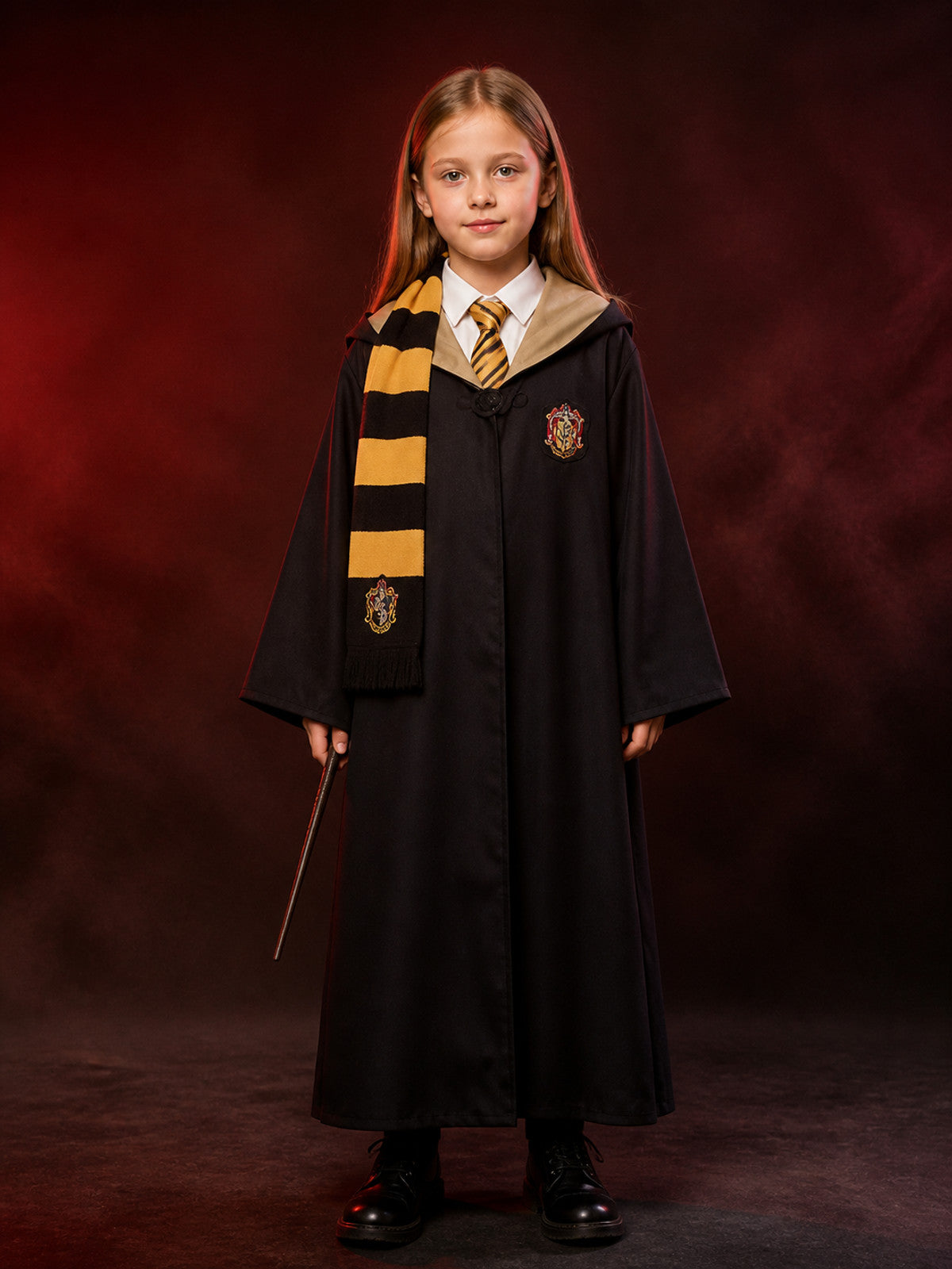 Kids Wizard Costume Set - Black Hooded Robe with Academy Crest & Yellow Black