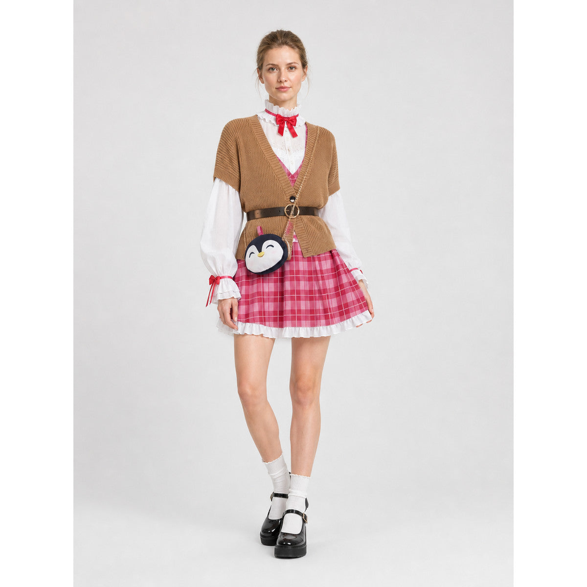 Penguin Cosplay Costume with Plaid Dress and White Ruffles Costume Dresses detail