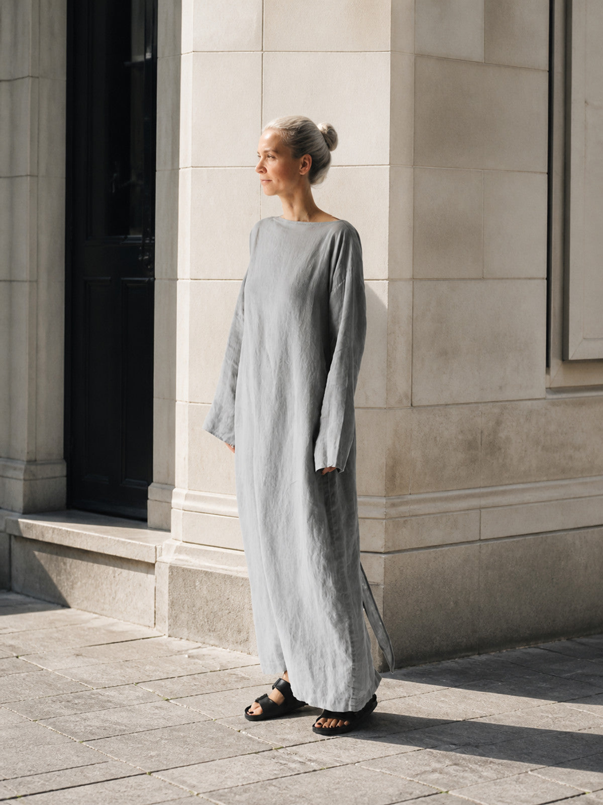 Gray Maxi Dress with Long Sleeves and Slits Costume Dresses detail