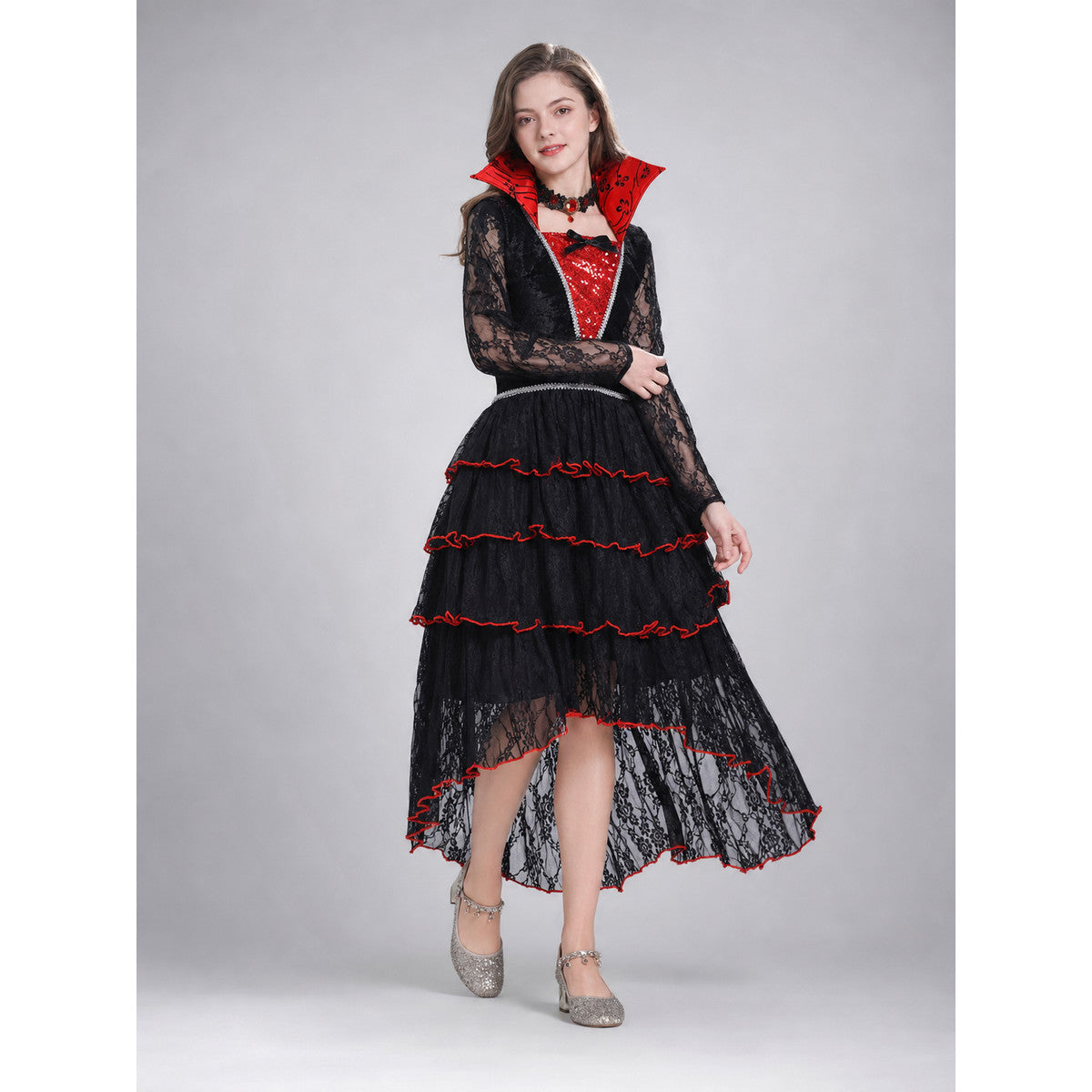 Gothic Dress with Layered Skirt and Necklace