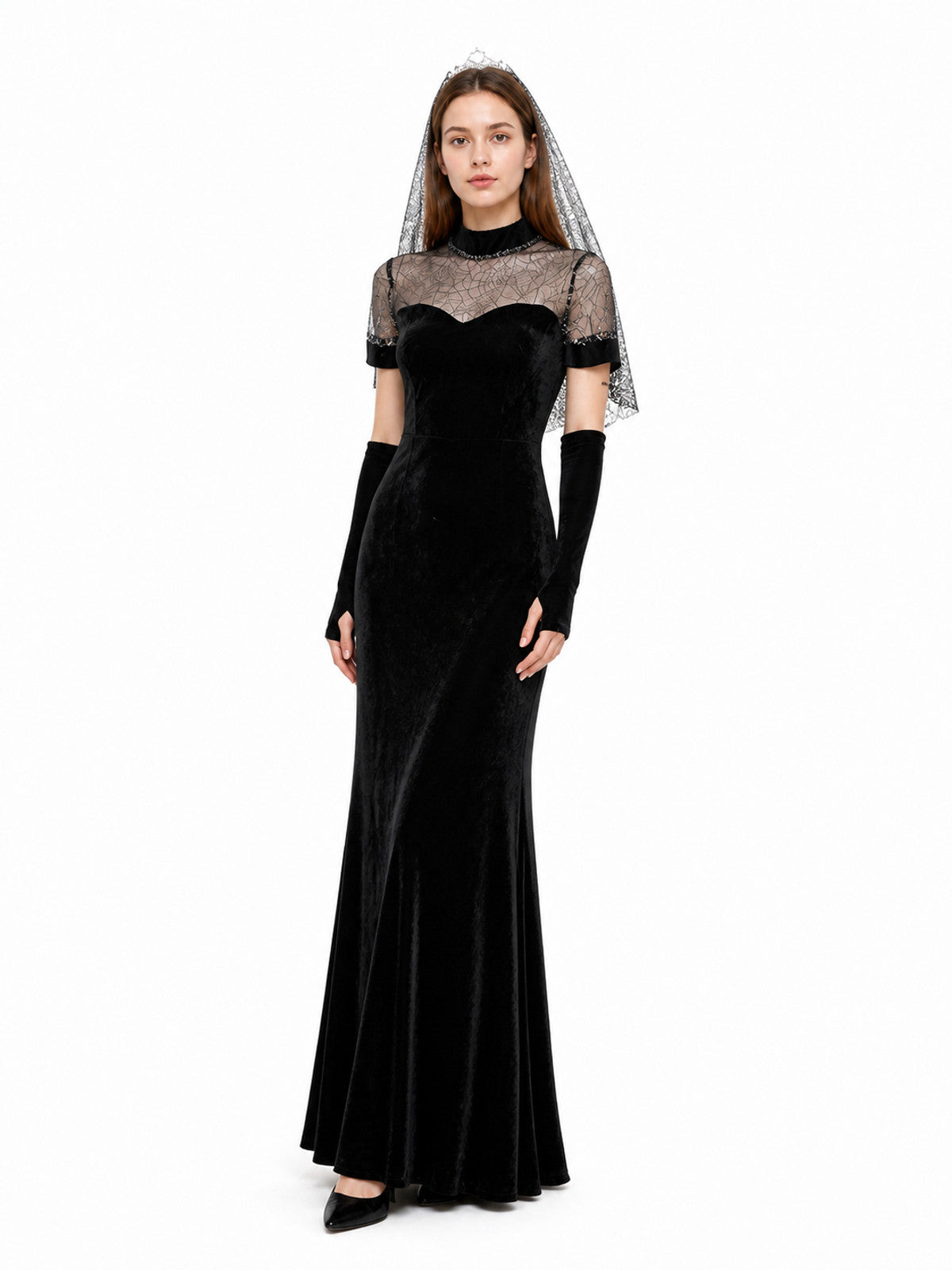 Black Cosplay Dress with Silver Web-Patterned Bodice Costume Dresses detail
