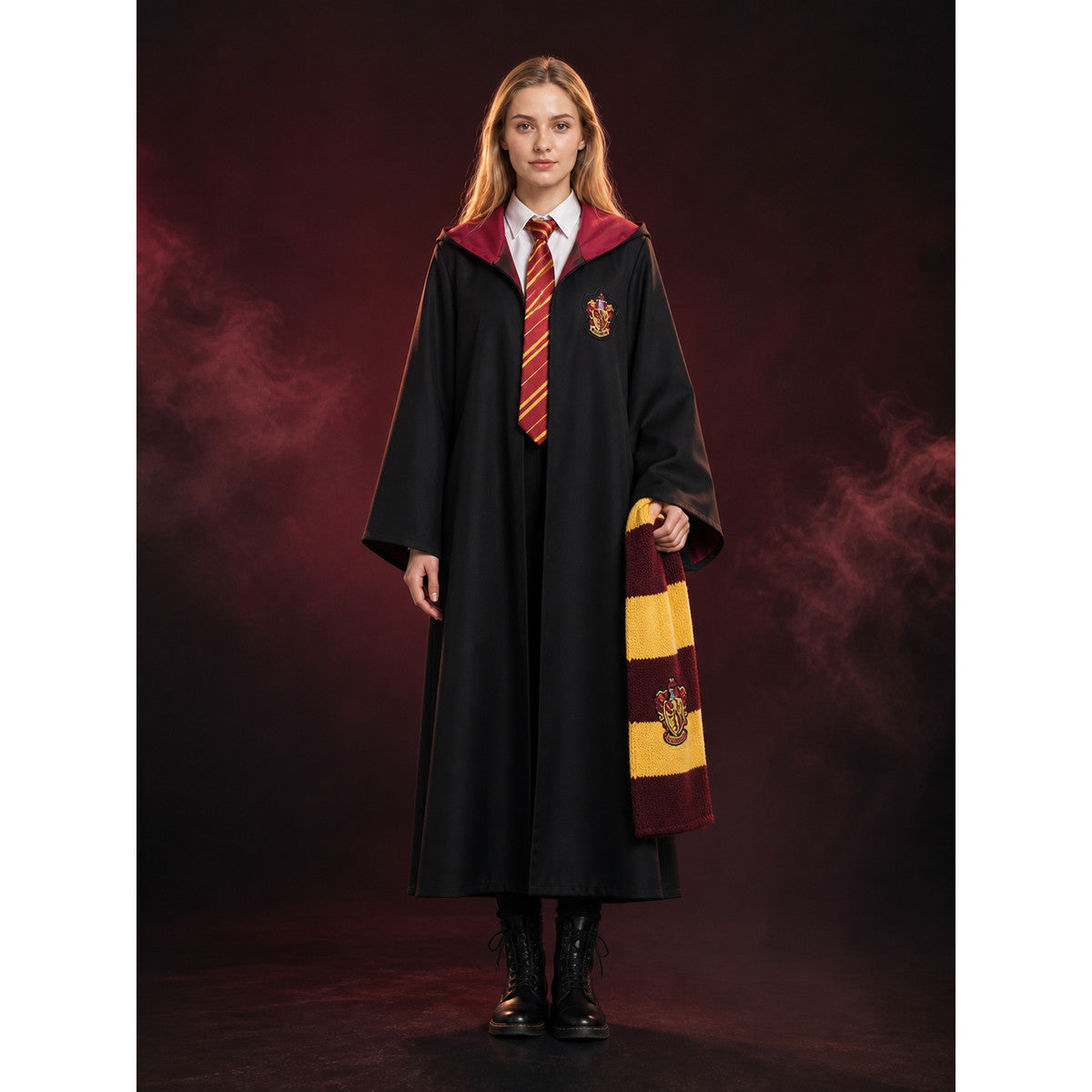Academy Wizard Robe Costume Set with Red and Yellow Striped Scarf and Tie main product view