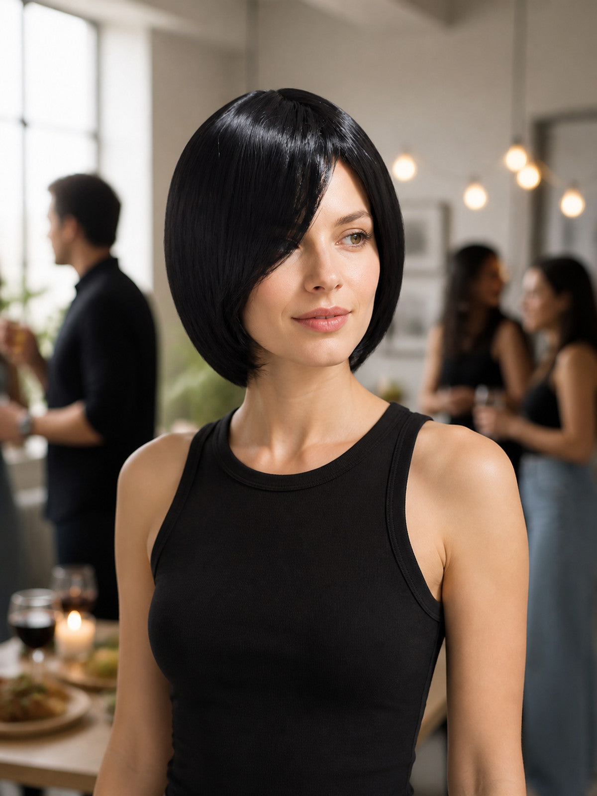 Short Black Carnival Wig with Side-Swept Bangs lifestyle view