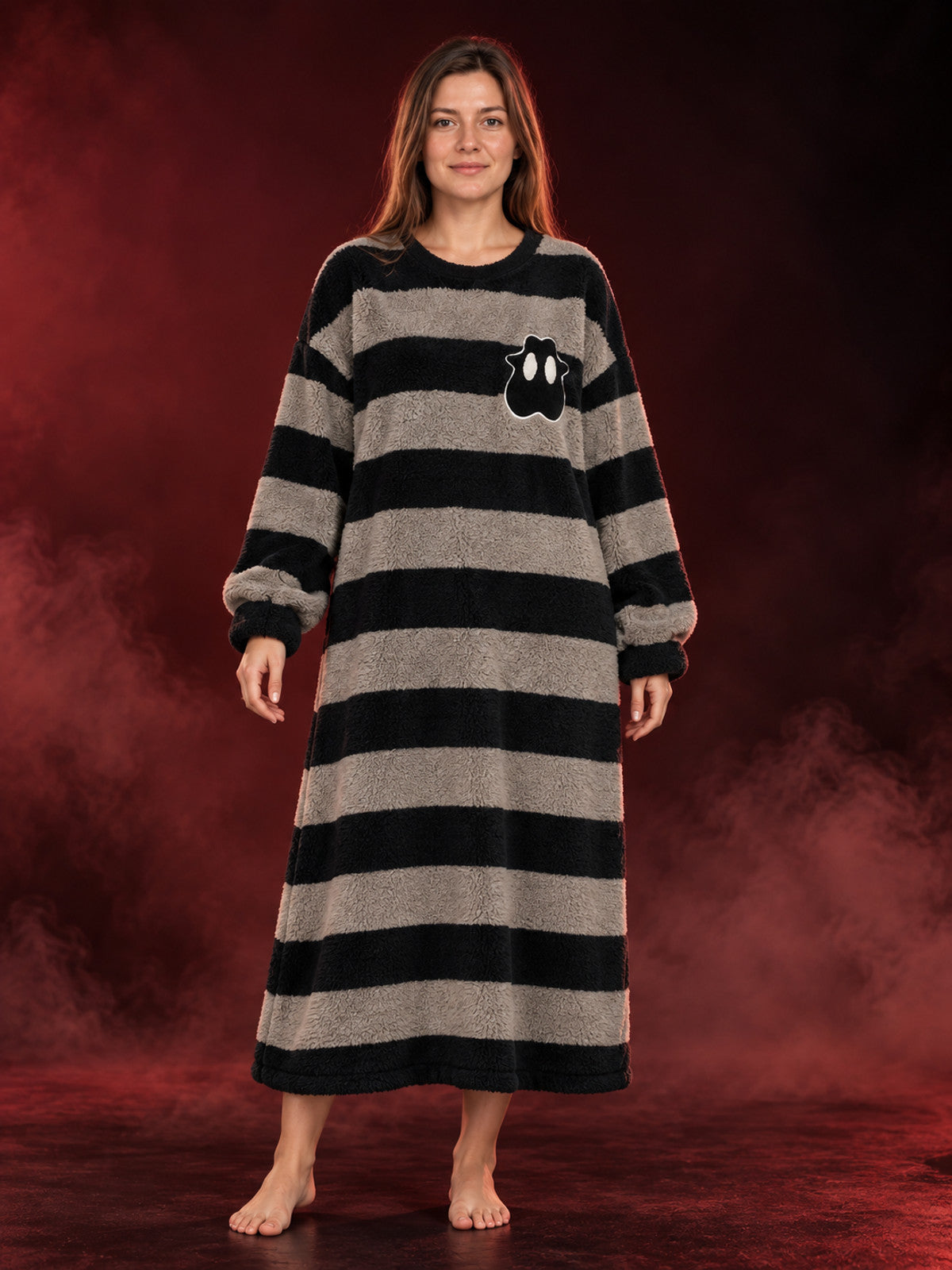 Long Flannel Striped Nightgown with Appliqué