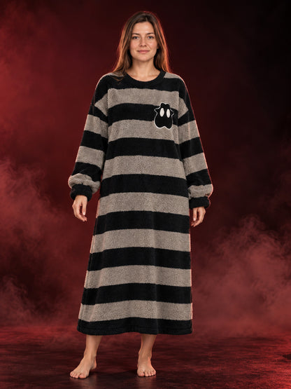 Long Flannel Striped Nightgown with Appliqué