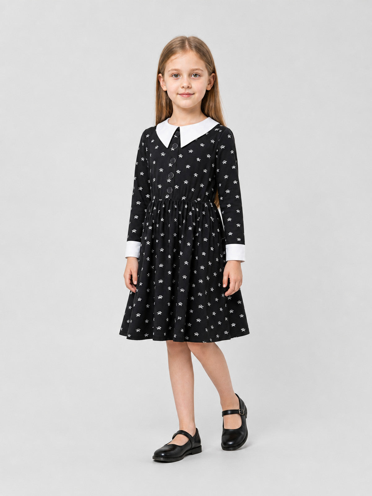 Black Dress with White Collar and Skull Print