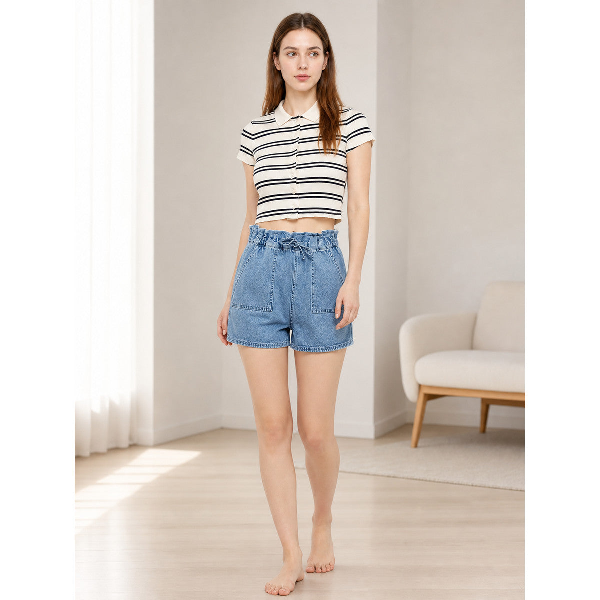 Light Blue Relaxed-Fit Denim Shorts with an Elastic Waistband and Drawstring lifestyle view