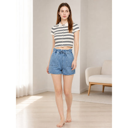 Light Blue Relaxed-Fit Denim Shorts with an Elastic Waistband and Drawstring lifestyle view