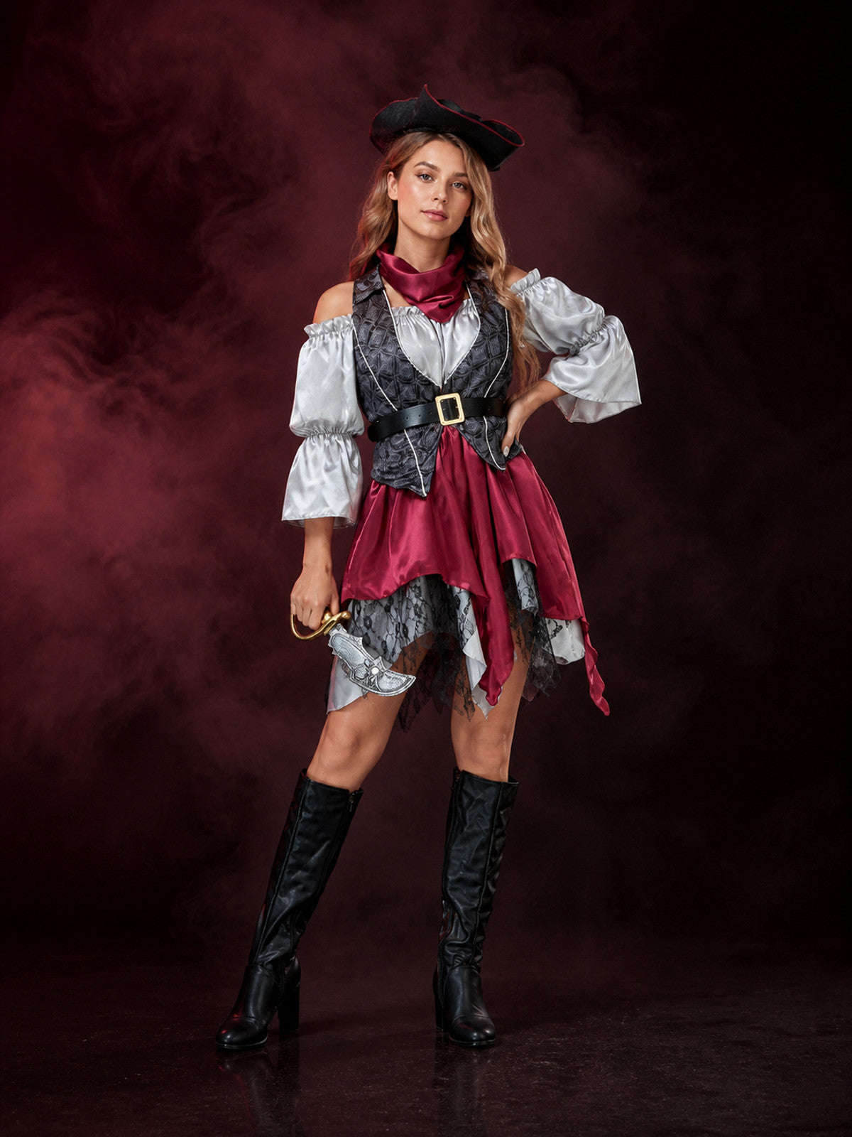 Women's Pirate Costume Set with Asymmetric Skirt, Lace Trim & Tricorn Hat