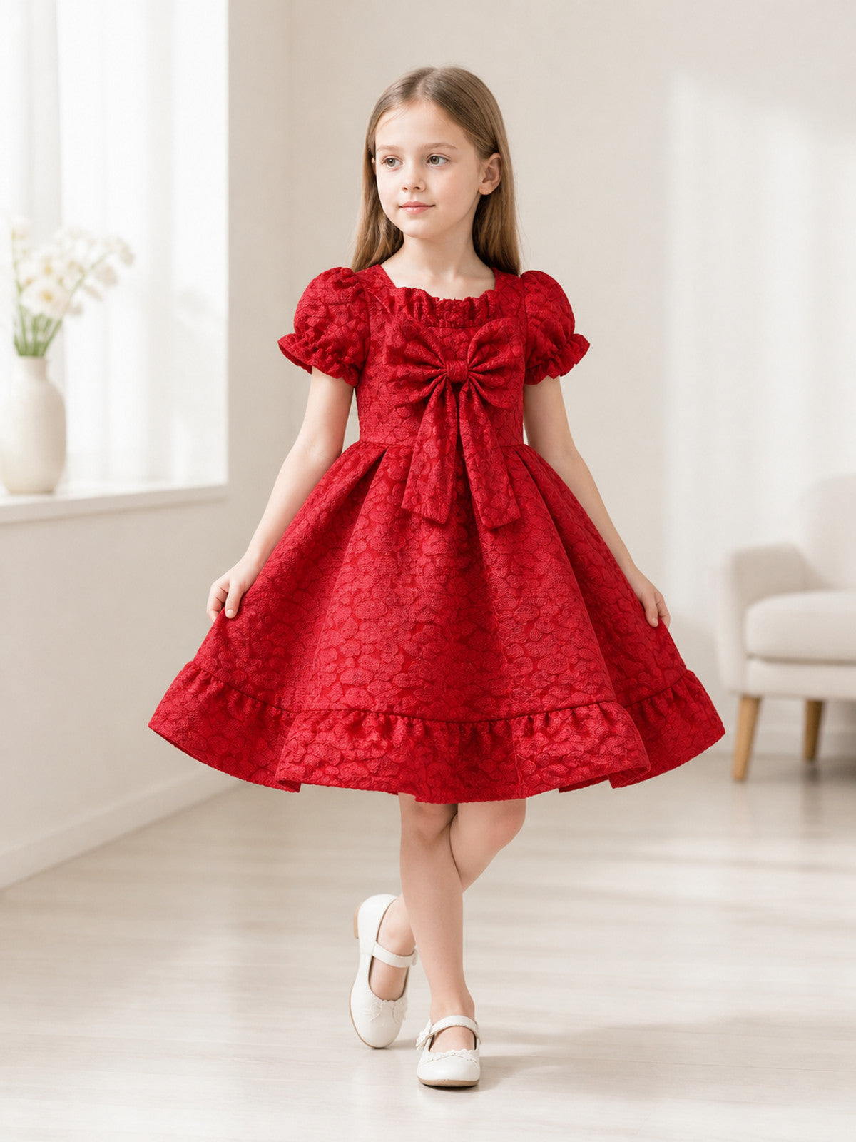 Red Dress with Puff Sleeves and a Bow lifestyle view