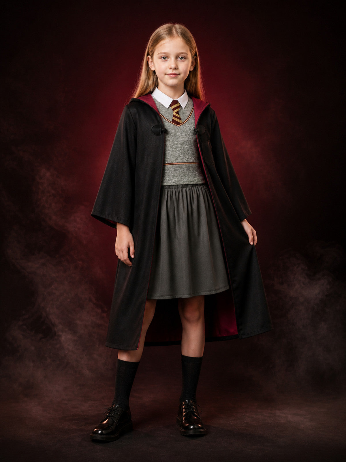 Children's Wizard Costume Set, Hooded Robe, Vest And Pleated Skirt main product view