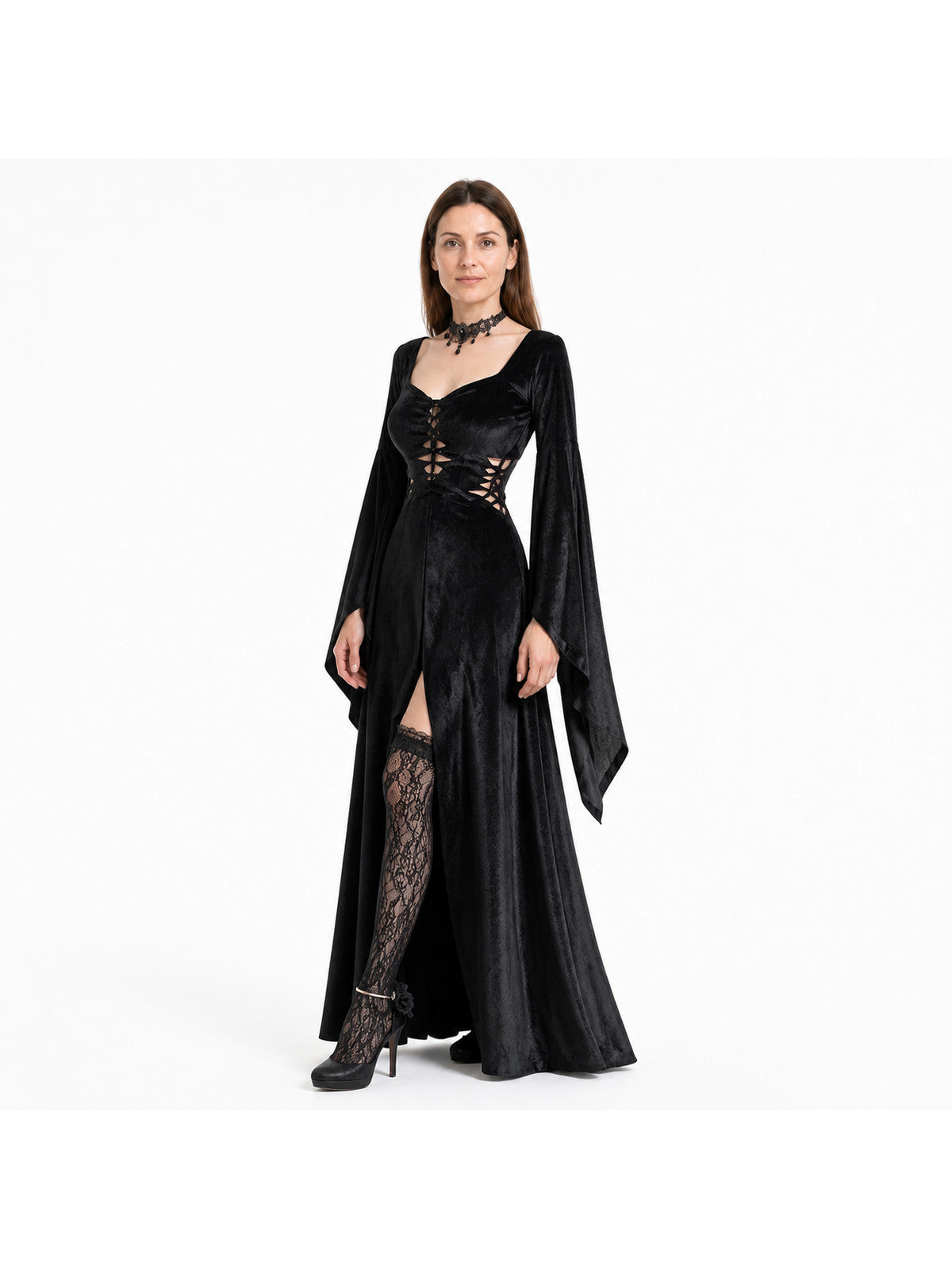 Black Long Gothic Dress with Cross-Lacing Costume Dresses detail