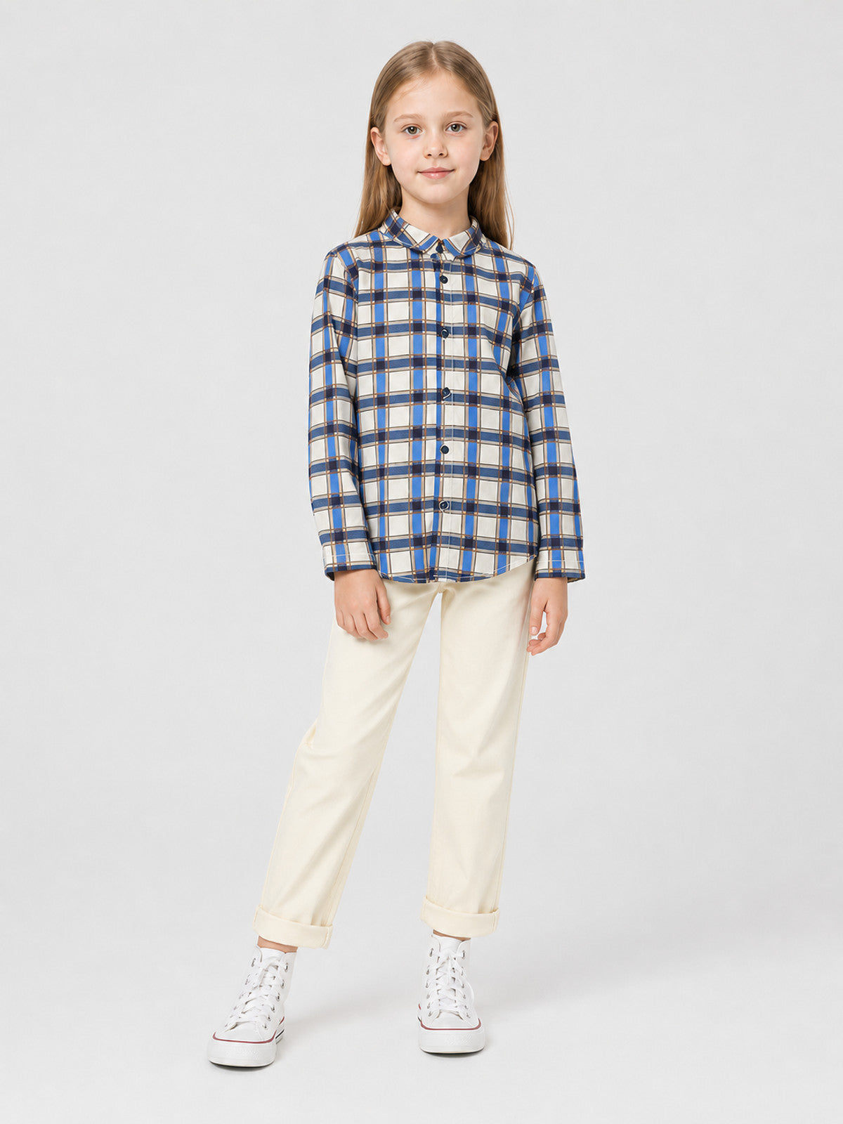 Long-Sleeve Plaid Shirt with Turn-Down Collar product detail